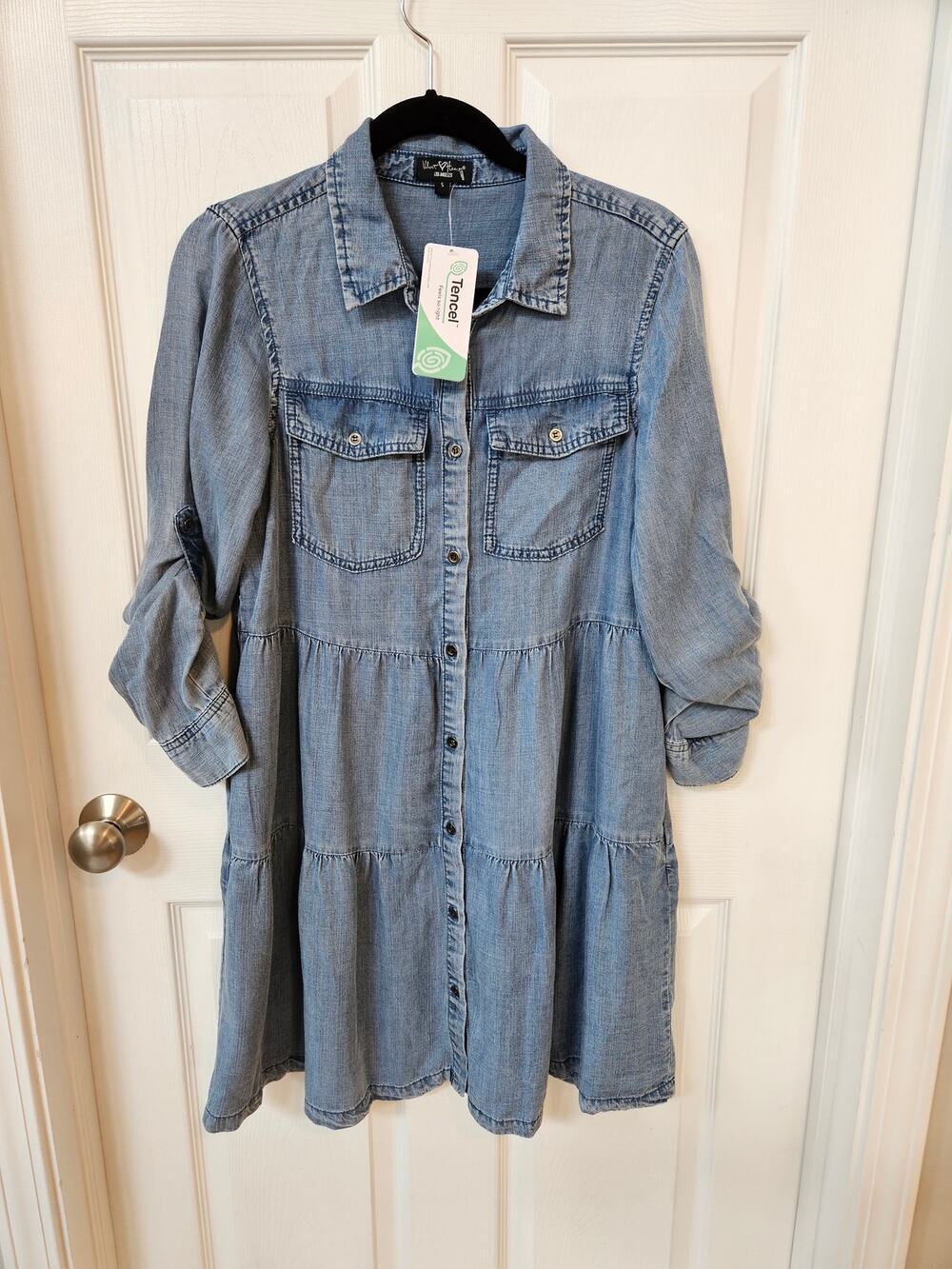 NWT Velvet Heart Tencel Chambray Tiered Shirt Dress Small Button Front Pockets